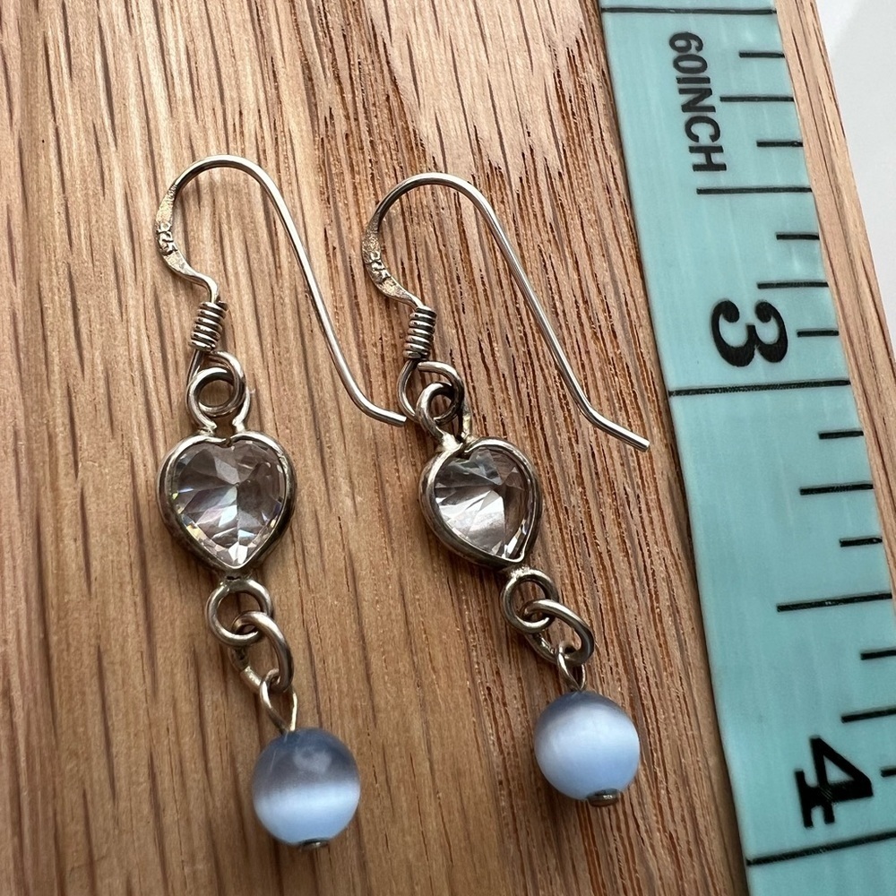 Vintage Sterling Silver Heart Dangle Earrings Blue Bead NOS - Picture 6 of 6